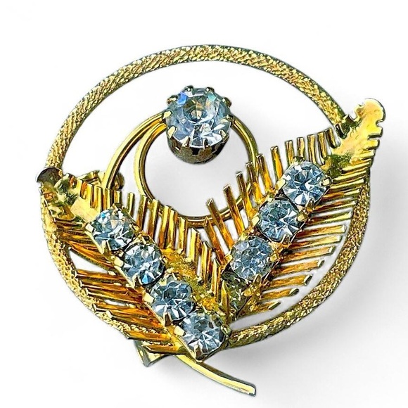 Vintage Gold & Silver Fern Brooch with Rhinestones - Picture 1 of 2